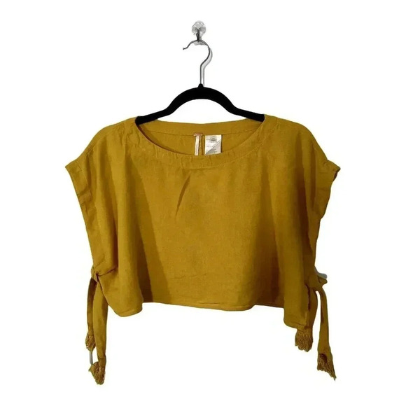 Free People Tops - Free People Women's Gold Yellow Crop Blouse S Petites Boxy Fit Tie Details #003
